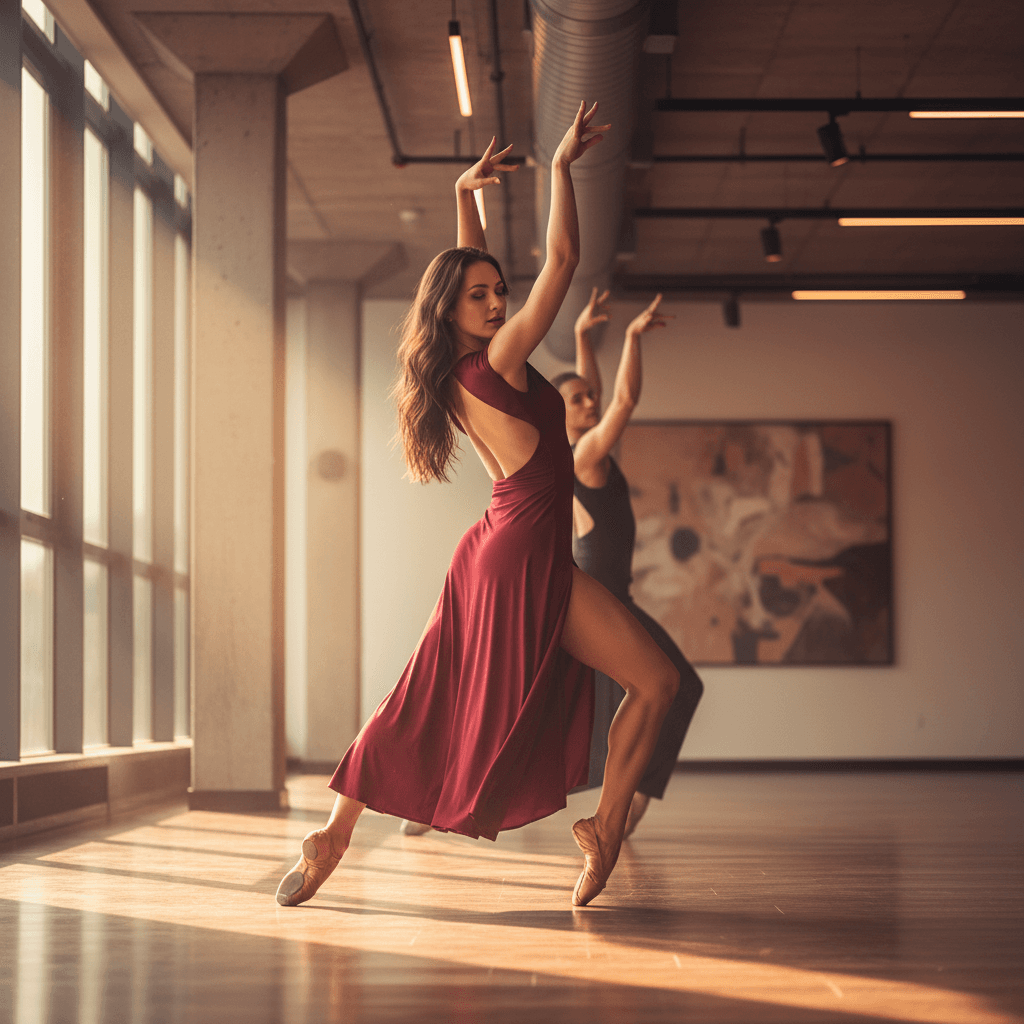 Female dancer performing bachata with refined technique in modern dance studio