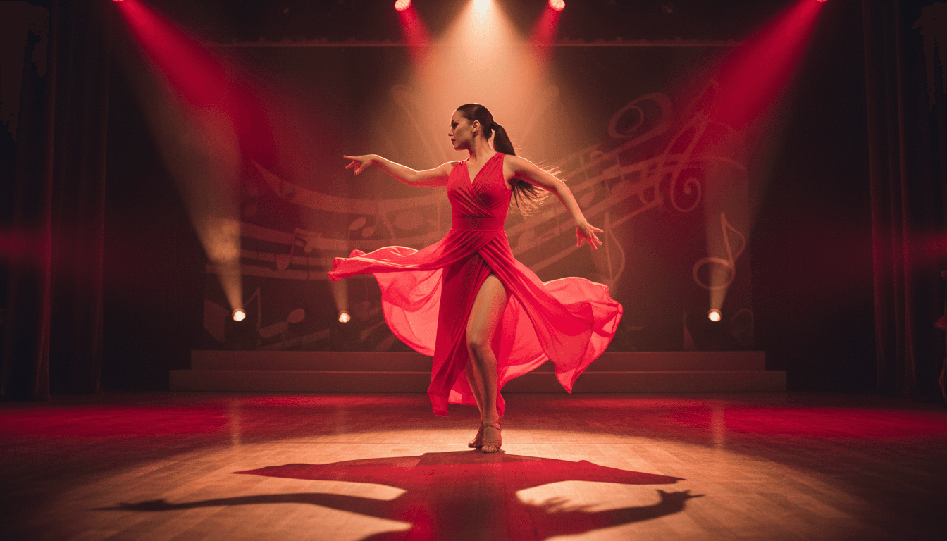 Woman dancer in red dress performing bachata on stage