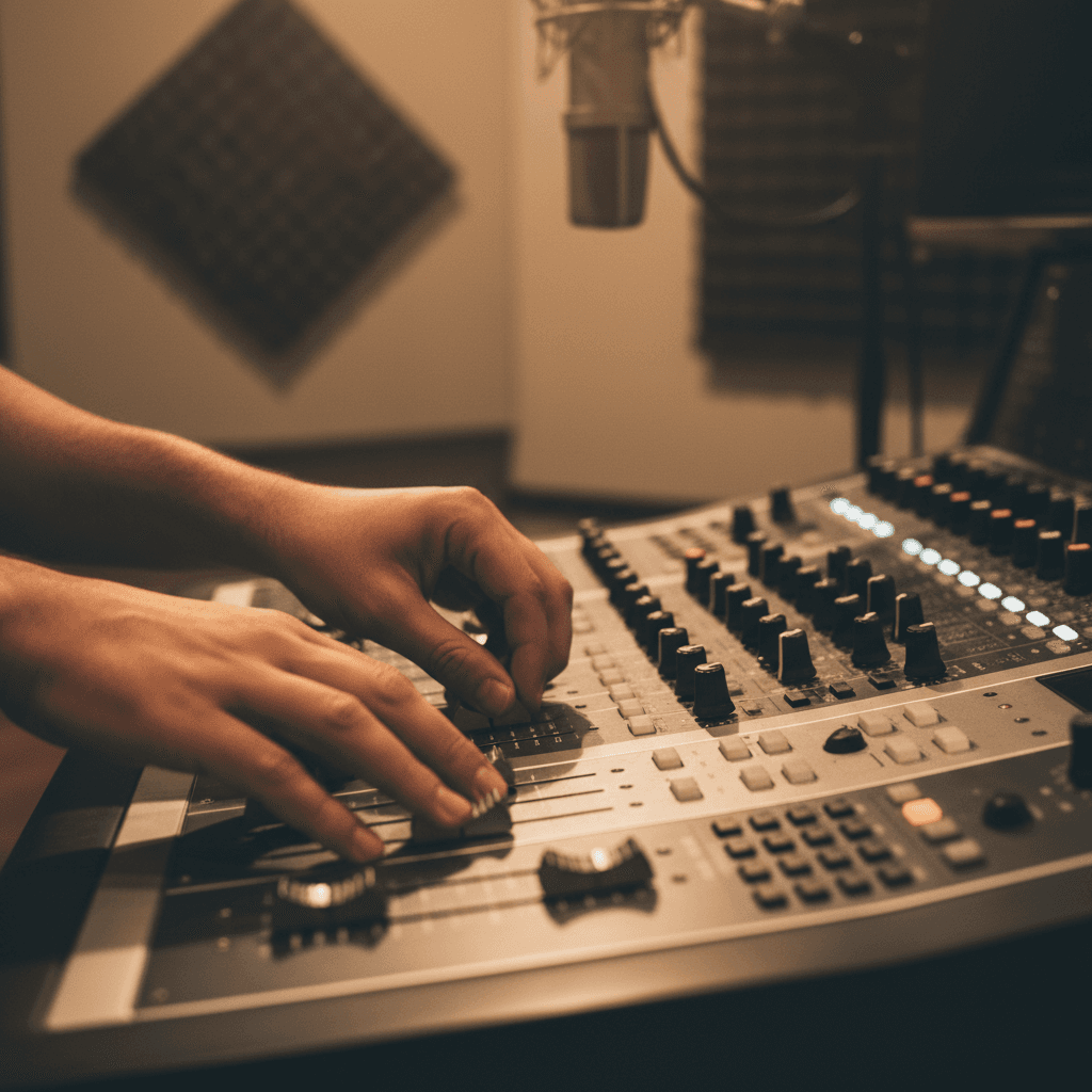 Close-up of hands adjusting audio mixing console faders in professional recording studio with soft directional lighting