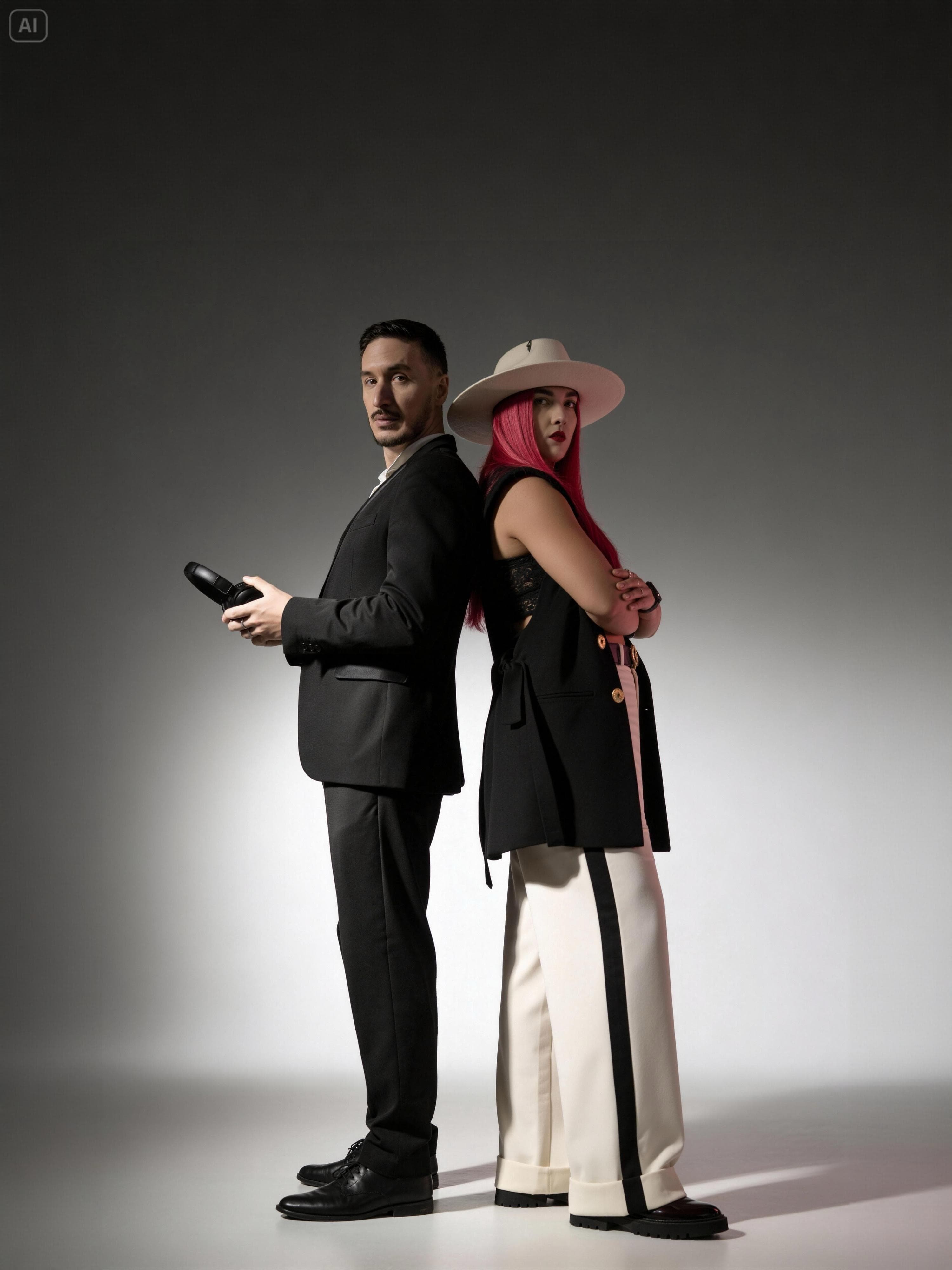 Uomo in abito e donna con capelli rosa e cappello, schiena contro schiena in studio.