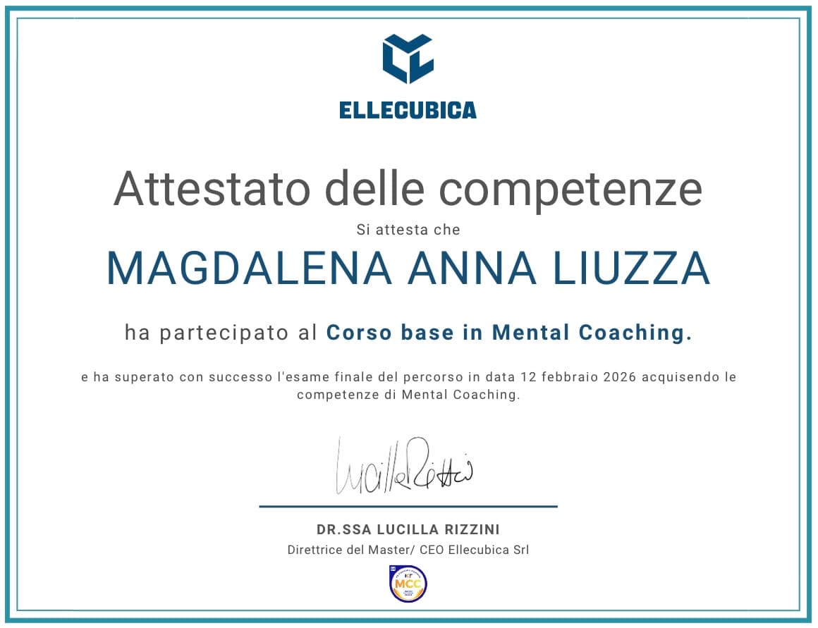 Attestato di competenze Ellecubica per Magdalena Anna Liuzza, Corso base in Mental Coaching.