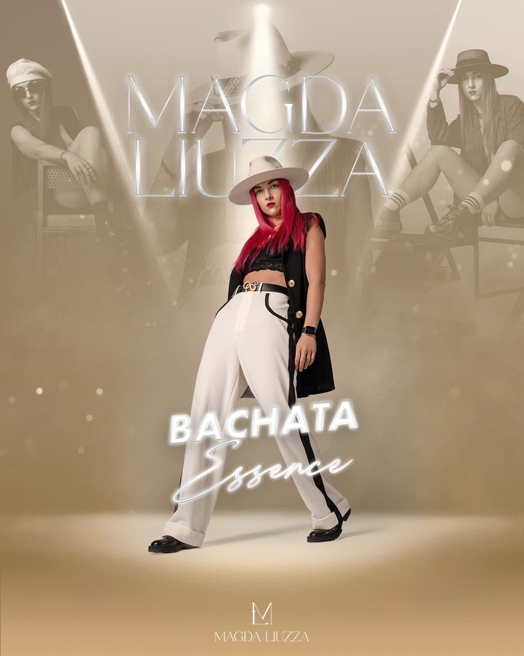 Magda Liuzza con capelli rosa e cappello bianco posa per il poster Bachata Essence.